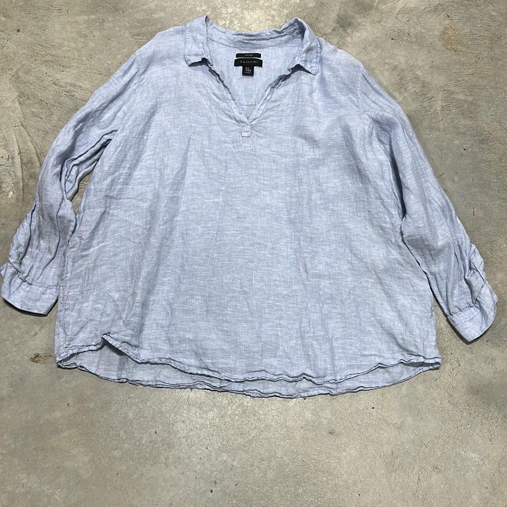 Tahari Brand Light Blue Linen Button Up Top Size 3x C61
